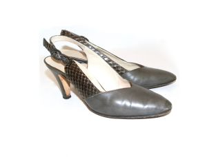 80s Era Salvatore Ferragamo Leather & Snakeskin Sling Back Gray Heels | size 6 B - Fashionconstellate.com