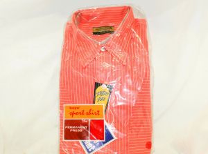 Size 16 1960s Boy's Sport Shirt - Teen Childs 60s 70s Short Sleeved Coral Orange Pinstriped White 