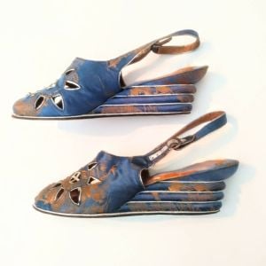 1940s Blue Peep Toe Wedge Beach Sandals Post WW2 Womens Open Toe Wedges