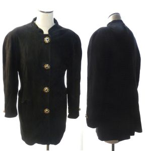 80s 90s Black Kid Suede Jacket | Soft Leather Avant Garde Statement 3/4 Coat Large Enamel Buttons