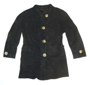 80s 90s Black Kid Suede Jacket | Soft Leather Avant Garde Statement 3/4 Coat Large Enamel Buttons - Fashionconstellate.com