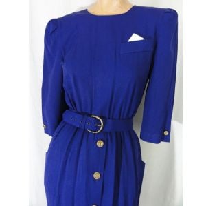 Vintage 80s Purple Belted Sheath Dress Gold Buttons Petite Secretary/Career by Peri Petites | XS/S - Fashionconstellate.com
