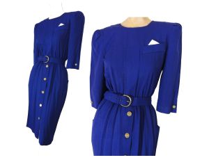 Vintage 80s Purple Belted Sheath Dress Gold Buttons Petite Secretary/Career by Peri Petites | XS/S
