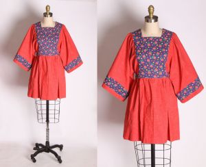 1960s Red and Blue Chambray Denim Look Hippie Bohemian Cottagecore Oversized Sleeve Mini Dress - M