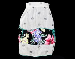 1950s Floral Cotton Apron - Sheer White Dotted Swiss Organdy & Polished Chintz Half-Apron