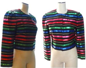 90s Jacqueline Ferrar Multi Color Striped Colorful Ribbon Crop Jacket Blazer | 8 Petite SMALL - Fashionconstellate.com