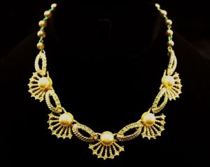 Antique Style Seashell & Pearl Necklace - Victorian Revival 1950s 1960s Goldtone and Rhinestones
