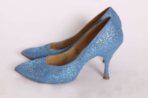 1950s Blue Glitter Stiletto High Heel Pump Shoes by Kay King - Size 6 1/2