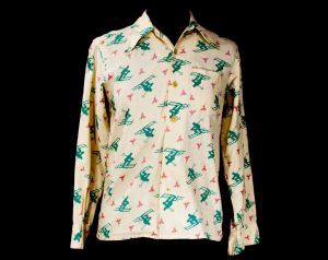 1940s Novelty Print Ski Shirt - Teen Boy's 18 Skiing Theme Top - Rustic Authentic 40s Sportswear 
