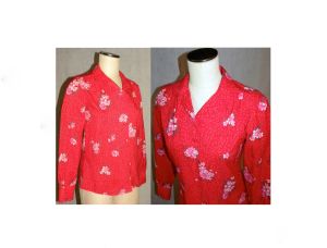 70s Red & Pink Floral Blouse | Fits XS-S