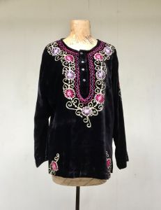 Vintage 1960s Black Velvet Hippie Tunic 60s Boho Floral Embroidery Festival Top Made in India Unisex