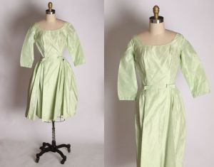 1950s Mint Green Taffeta Floral Print Brocade Dress with Original Matching Detachable Overskirt Bust
