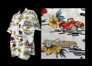 Vintage Men's Hawaiian Shirt Convertible Cars and Flower Print by Ferruche | Vintage Size M