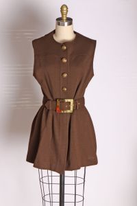 1960s Chocolate Brown Gold Tone Buttons Belted Tunic Blouse by Loubella -M - Fashionconstellate.com