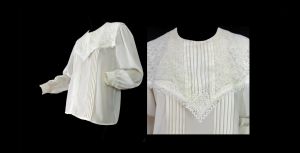 Off White Vintage 1990s Cottagecore Secretary Blouse Tucks Lace Collar Puffy Sleeves by Karen Scott