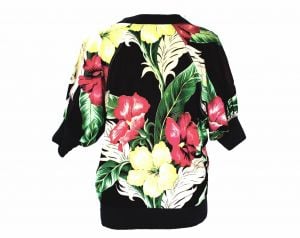 Large 1940s Style Tropical Floral Top - Black Pink Green Chartreuse Cotton Casual Blouse - Terrific  - Fashionconstellate.com