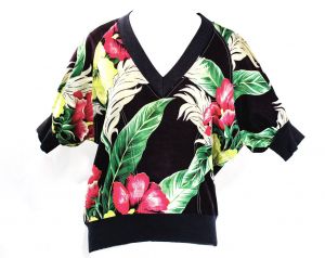 Large 1940s Style Tropical Floral Top - Black Pink Green Chartreuse Cotton Casual Blouse - Terrific 