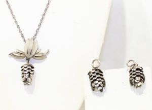 Pine Cone Necklace & Earrings Set - 50s 60s Mid Century Elegant Pendant Demi Parure - Silver Hue - Fashionconstellate.com