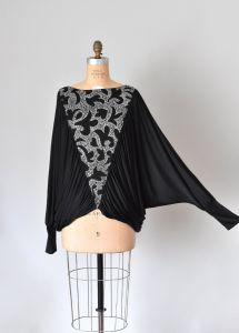 Laura Charles 1980s blouse, sexy black top, long sleeve shirt, rave top, 80s clothing, plus size - Fashionconstellate.com
