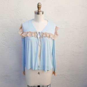 Vintage 1940s Lingerie, Light Blue Bed Jacket with Long Sleeves and Lace Trim