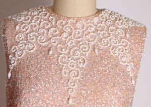 1950s Powder Pink and White Sequin and Beaded Swirl Pattern Wool Blouse by House of Gold - S - Fashionconstellate.com