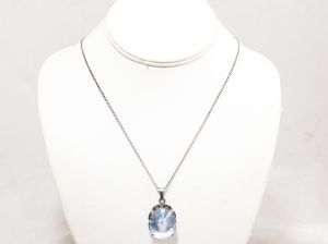 1970s Silver Pendant Necklace with Blue Prism - Mexican Silver 70s Cut Glass Gem and Chain - Dusk 