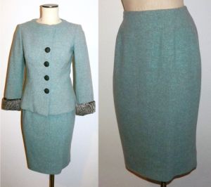 50s 60s Blue Wool Skirt Suit | Women's Mid Century Aqua Wool with real FUR Trim  | W 25'' XS/S