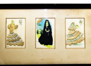 Madrid Spain Set of 3 Framed Pictures - Embroidered Authentic Vintage Postcards - Spanish Señoritas - Fashionconstellate.com
