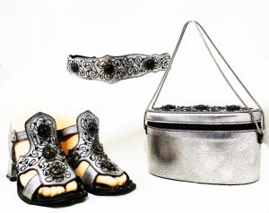 1960s Silver Box Purse, Size 5 1/2 Gladiator Shoes, and Belt Set - Metallic Leather with Rhinestones