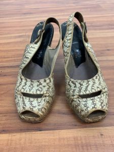 Vintage 1940's Snakeskin Platform Peep-Toe High Heels | Size 6.5 | Sling Backs Sandals Leather Soles