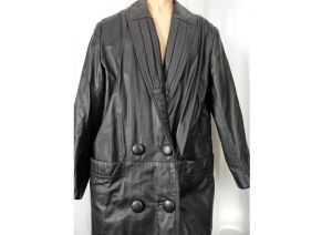 Vintage 1980s Coat Black Genuine Leather Double Breasted Full Length Big Shoulders | M/L - Fashionconstellate.com