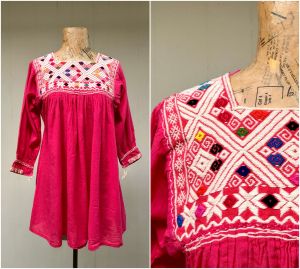 Vintage 1970s Embroidered Guatemalan Blouse, 70s Rose Cotton Gauze Peasant Blouse, Woven Hand-Loomed