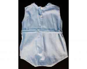 Charming 1920s Toddlers Blue Cotton One Piece Romper with Heirloom Embroidery - Size 12 to 18 Months - Fashionconstellate.com