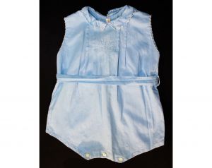 Charming 1920s Toddlers Blue Cotton One Piece Romper with Heirloom Embroidery - Size 12 to 18 Months