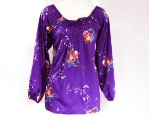 Size 10 Peasant Shirt - 1980s Purple Floral Polyester Knit Top - 80s Colorful Casual Blouse