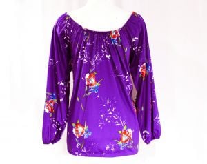 Size 10 Peasant Shirt - 1980s Purple Floral Polyester Knit Top - 80s Colorful Casual Blouse - Fashionconstellate.com