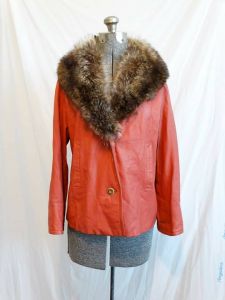 1960s Bonnie Cashin Design Sills and Co Leather and Raccoon Fur Jacket Chiller Collar Orange Leather