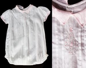 1920s Toddlers White Cotton Romper - Charming Chemise Style with Pink Deco Embroidery 