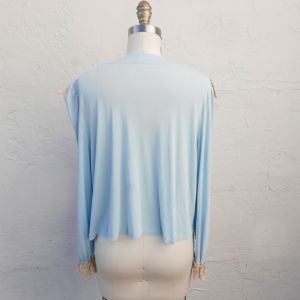 Vintage 1940s Lingerie, Light Blue Bed Jacket with Long Sleeves and Lace Trim - Fashionconstellate.com