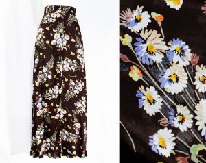 Size 6 Daisy Rayon Skirt  - 1940s Inspired 1990s Brown & Blue Long Button Front A-Line - 90s Retro 