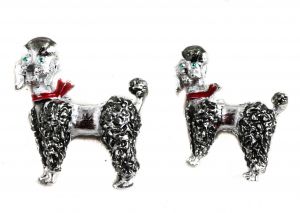1950s Poodle Scatter Pins - Pair Vintage 50s Novelty Dog Brooches - Adorable Silver Black Red 
