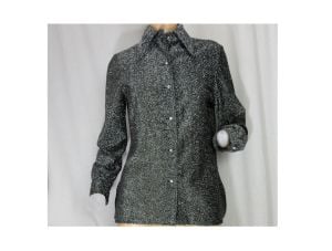 70s Evening Party Blouse Metallic Lurex Silver & Black Rhinestone Buttons by Personal Leslie Fay - Fashionconstellate.com