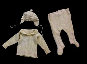 3T Toddler's Winter Snow Suit - 1920s 30s Hand Knitted Wool Sweater, Pants with Foot Covers & Hat 