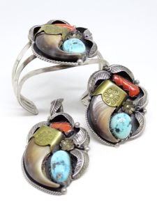Vintage Navajo 3 Piece Sterling Turquoise Coral Jewelry Set Cuff Pendant Ring Native American