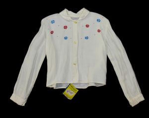 Size 4T Girl's 1950s Shirt - Toddler's Winter White Long Sleeve Button Front Top with Red and Blue 