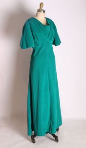 Late 1960s Early 1970s Full Butterfly Sleeve Draped Collar Teal Green Blue Full Length Dress - M - Fashionconstellate.com