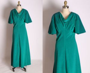 Late 1960s Early 1970s Full Butterfly Sleeve Draped Collar Teal Green Blue Full Length Dress - M