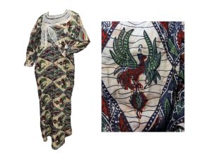 Vintage African Caftan Batik Bird Phoenix Block Print Cotton Unisex Maxi Dress Lounger Long Sleeves