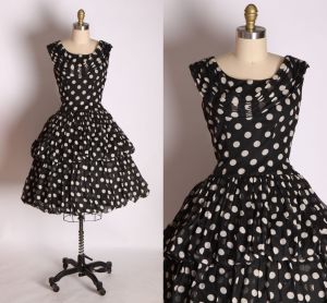 1950s Designer Tiered Black and White Polka Dot Ruched Off the Shoulder Bubble Hem Drop Waist Dress 