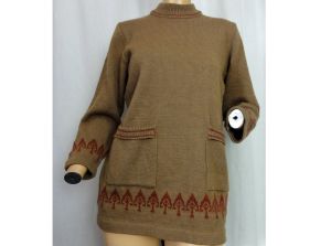 Pine Tree Design Vintage Brown Mod 60s Sweater Long Tunic Pullover with Pockets  - Fashionconstellate.com